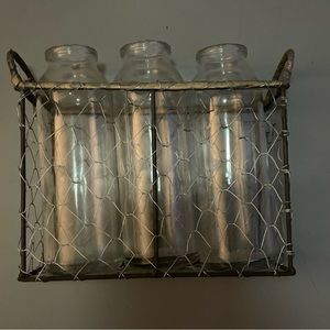 EUC Three Glass Bottles in a Chicken Wire Basket